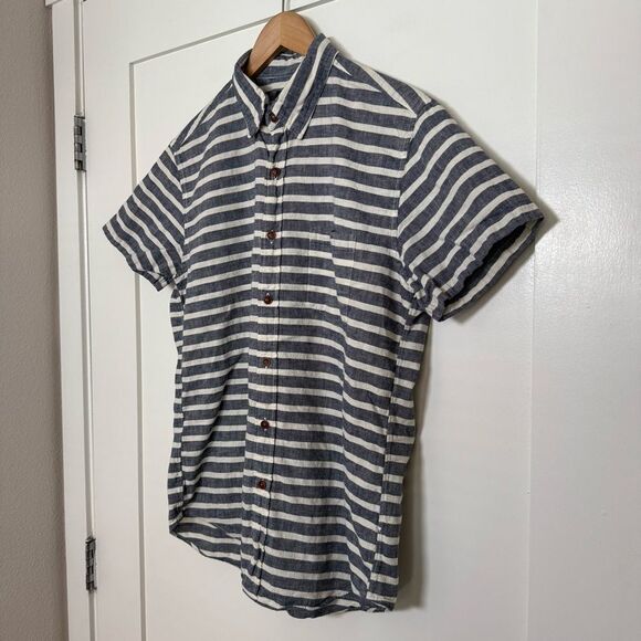 J Crew Shirt Mens Sz M Stripe Button Down Short Sleeve 100% Cotton Beach Coastal - Picture 2 of 9